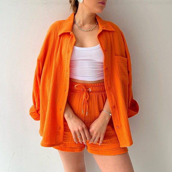 Skrynklig krage för kvinnor, långärmad skjorta, shorts med dragsko med hög midja, moderiktigt casual set i två delar orange XXL orange xxl