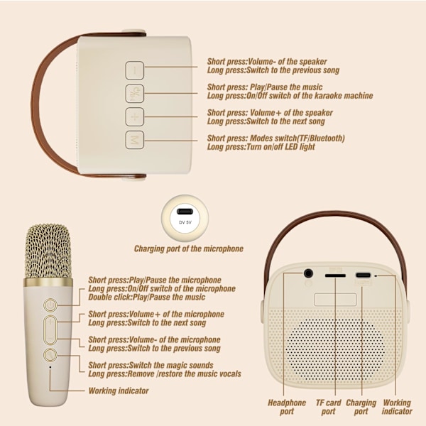 Karaokemaskin för barn med 2 trådlösa mikrofoner, bärbar Bluetooth-högtalare med trådlös mikrofon (beige) Beige 2 Mic