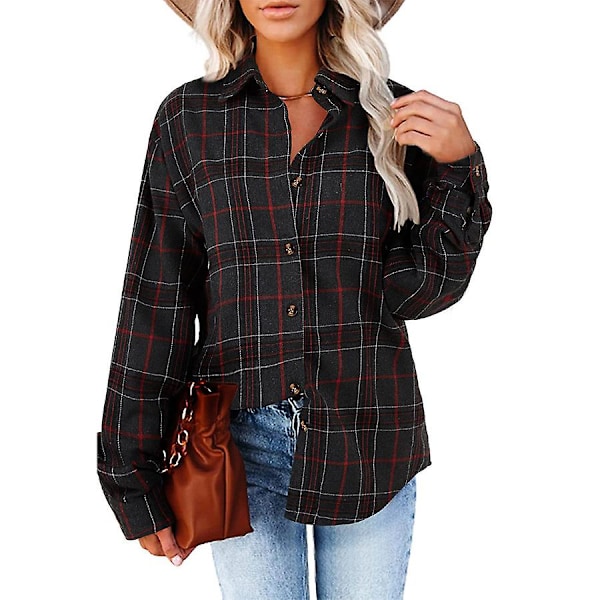 Rutete langærmet skjorte dame Button Down uldblanding tynd jakke Casual blusetoppe med lomme Black Black S