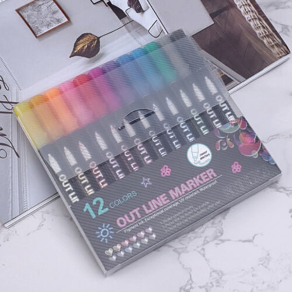 12 färger Ritning Double Line Outline Penna Highlighter Marker Pens