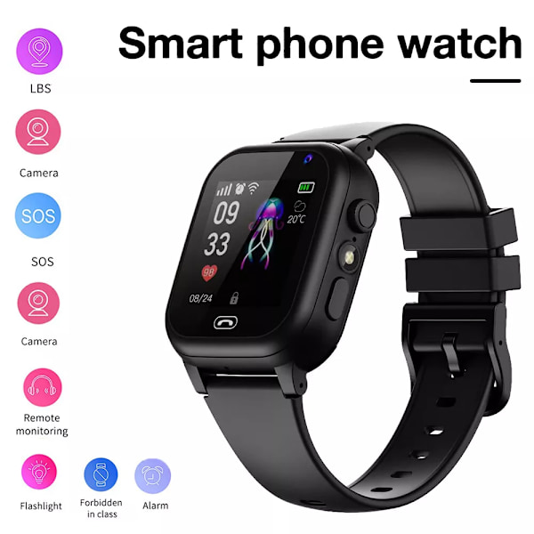 Ny børne 4G smartwatch SOS GPS placering videoopkald SIM-kort til børn Smartwatch kamera vandtæt ur (FW) svart