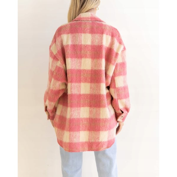 Vinter Ullkappa Casual Rutig Flanell Shacket Jacka Överdimensionerad Knapp Ned Långärmad Höst Skjorta Jacka Kappa Toppar Jacka Kvinnor PINK PINK XXL