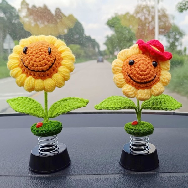 Dashboard Bobbleheads Stickade Blommor för Kvinnor Bil Prydnad Tillbehör (Handgjorda Långa Ögon) Light Yellow