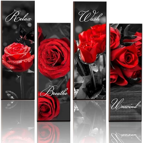 Set med 4 Black Rose Wall Art Decor Elegant badrumsinredning med krokar