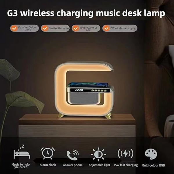 LED nattlampa, Bluetooth högtalare och väckarklocka med trådlös laddare