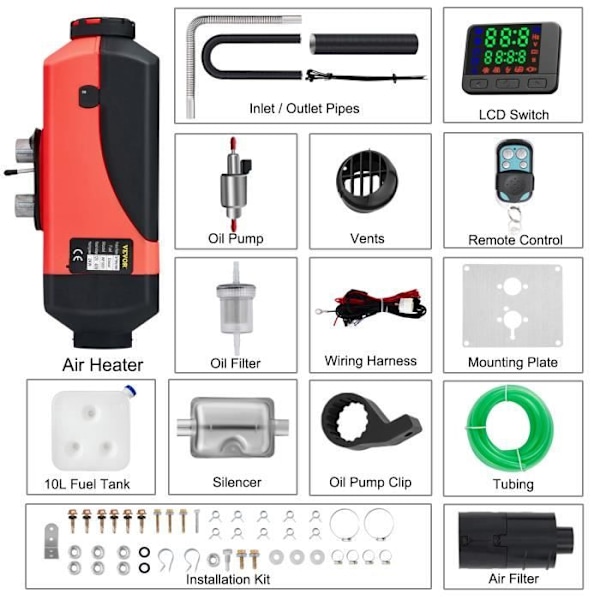 Dieselvarmer 2KW 12V VEVOR Luftvarmer i aluminium med lydsvag LCD-termostat til billastbiler RV-både röd svart