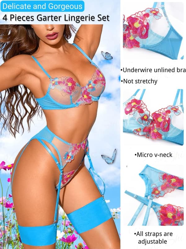 Blomstrete Broderi, Bøyle, T-String, Strømpebånd, 4-Delt Undertøy Blå Blue S