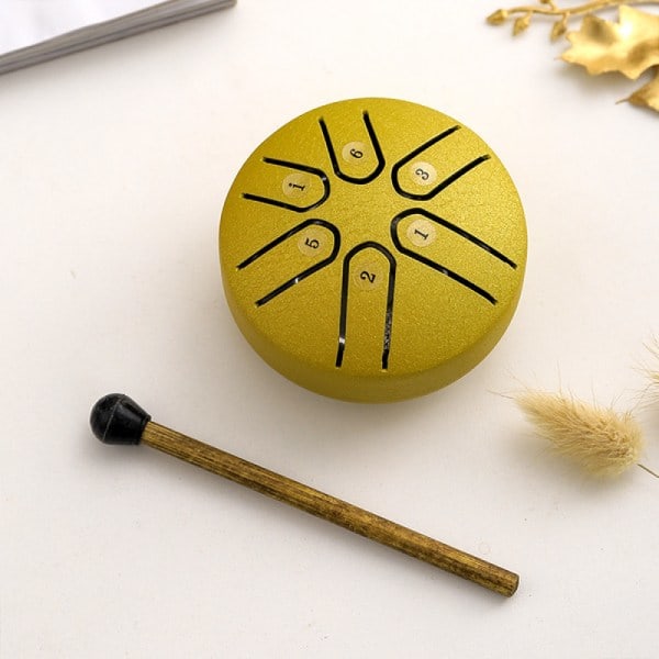 Buddha Stones Mini Steel Tongue Drum 3 tum ljudläkande trumset, 6 toner bekymmersfri trumma, bekymmersfri trumma, handpan gold