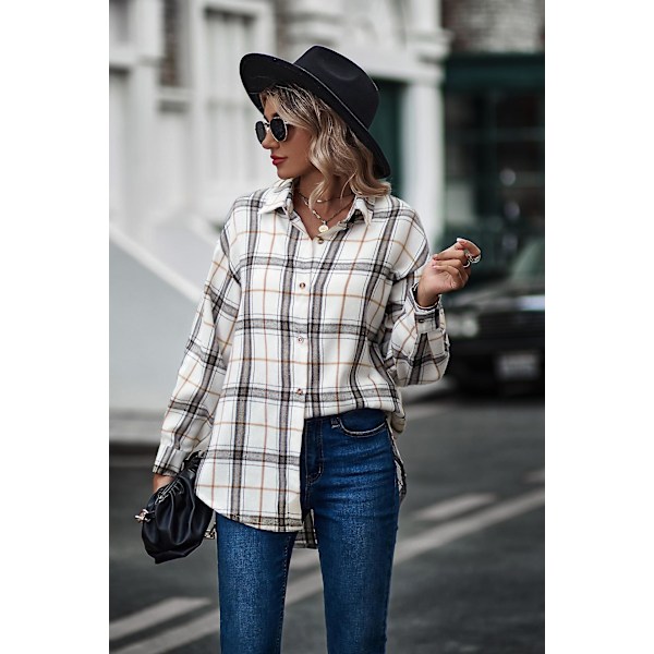 Rutete langermet skjorte dame Button Down ullblanding tynn jakke Casual blusetopper med lomme white white L