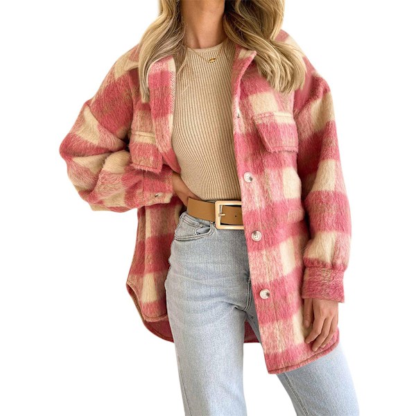 Vinter Ullkappa Casual Rutig Flanell Shacket Jacka Överdimensionerad Knapp Ned Långärmad Höst Skjorta Jacka Kappa Toppar Jacka Kvinnor PINK PINK XXL