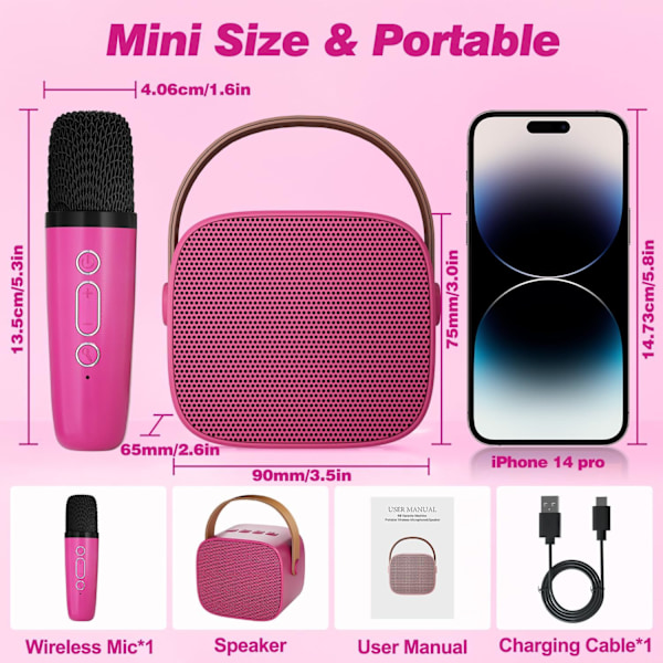 Karaokemaskin för barn med 2 trådlösa mikrofoner, bärbar Bluetooth-högtalare (rosa) Rose 2 Mic