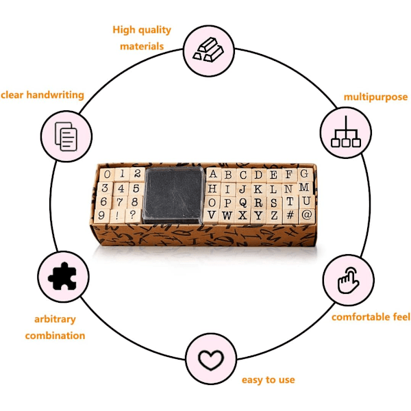 40 stämplar i trä med bokstäver, siffror och symboler med stämpeldyna för pyssel och korttillverkning