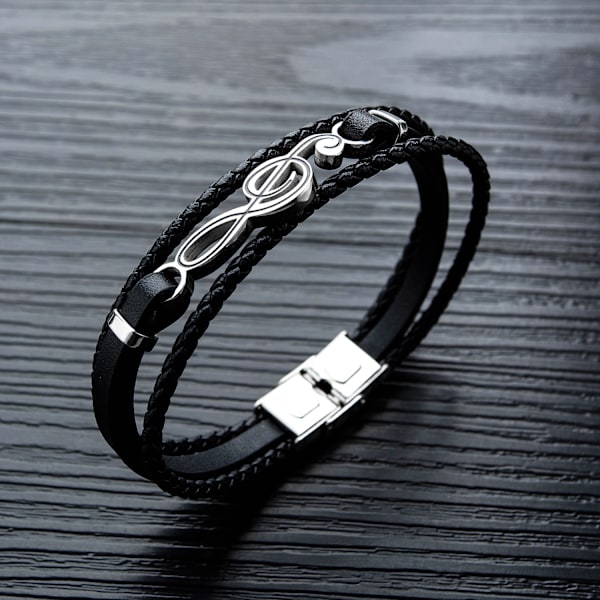 Herre Lær Mansjett Armbånd Svart Brun Flerlags Flettet Tau Gitar Diskantnøkkel Musikk Note Smykker Armbånd Justerbar