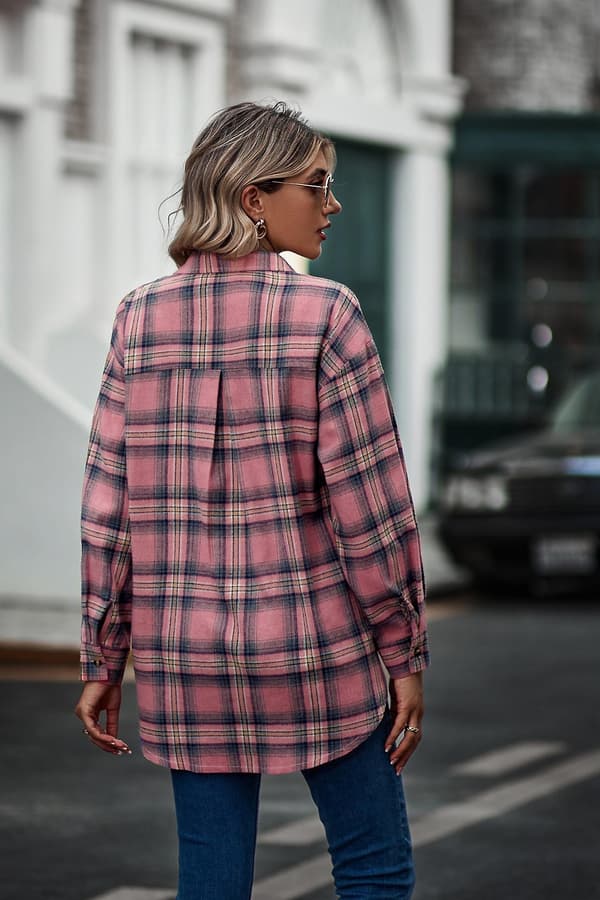 Rutig långärmad skjorta dam Button Down ullblandning tunn jacka Casual blustoppar med ficka Pink Pink L