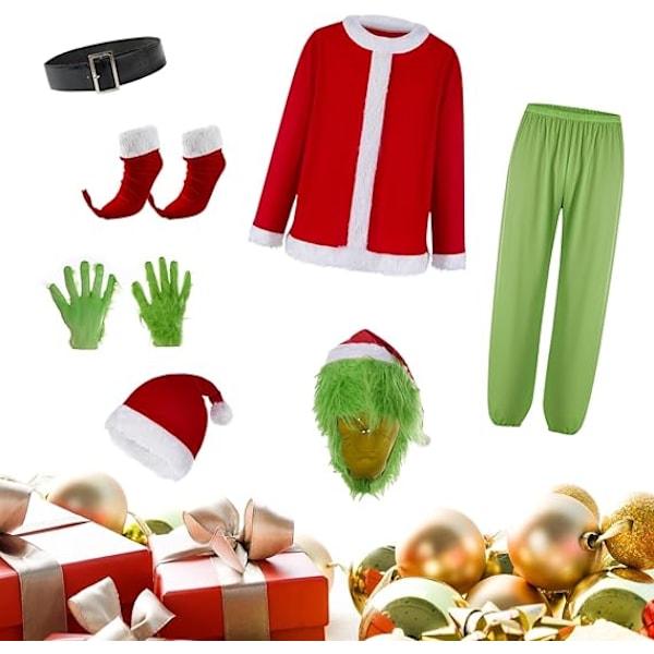 Tunna Gröna Monstret Vuxen Kostym Juldräkt Set, 7-Delar Jultomte Kostymer - Med Mask child 130CM