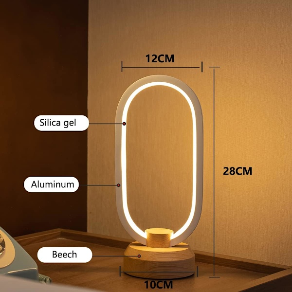 Liten LED-bordslampa, oval sänglampa, vitt bordsljus, 3 färgskiftande skrivbordslampa, dimbara trävarma lampor, 5 ljusstyrkenivåer