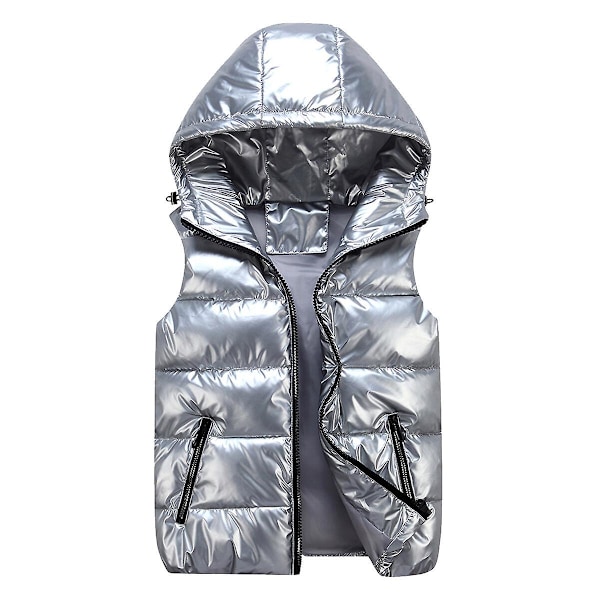 Sliktaa Unisex Kiiltävä Vedenpitävä Hihaton Takki Kevyt Toppaliivi - Hopea Silver M