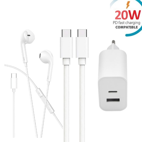 Snabbladdare Dual Port USB-C + USB-C till USB-C-kabel + Hörlur med USB-C-kontakt Vit
