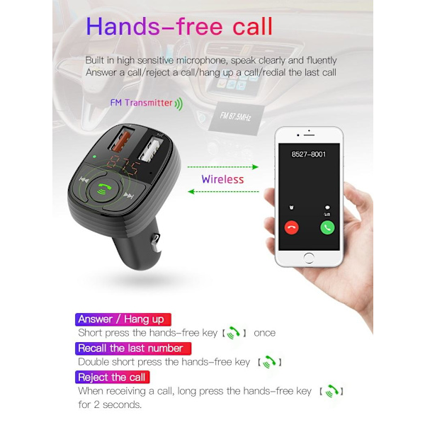 QC 3.0 Bluetooth FM Sändare MP3 2USB Billaddare Devia Black