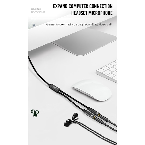 2-i-1 ljudomvandlare, 3,5 mm till ljud + mikrofon, Audio Convertor Svart