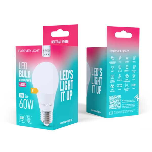 [2-PACK] Forever Light LED E27 A60 Glödlampa 7W 806lm 4000K Neutralvit 60W Ekvivalent Vit