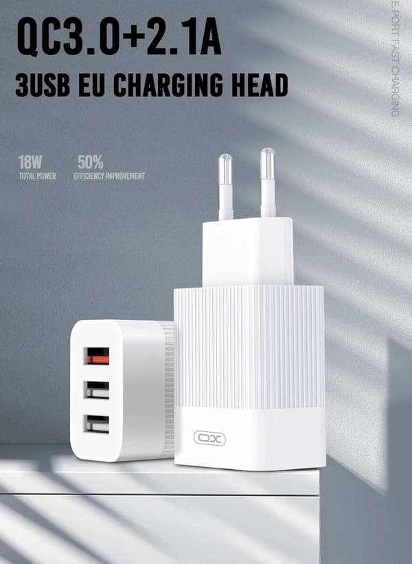 iPhone Samsung QC18W Hurtig opladning Vægoplader 3xUSB White