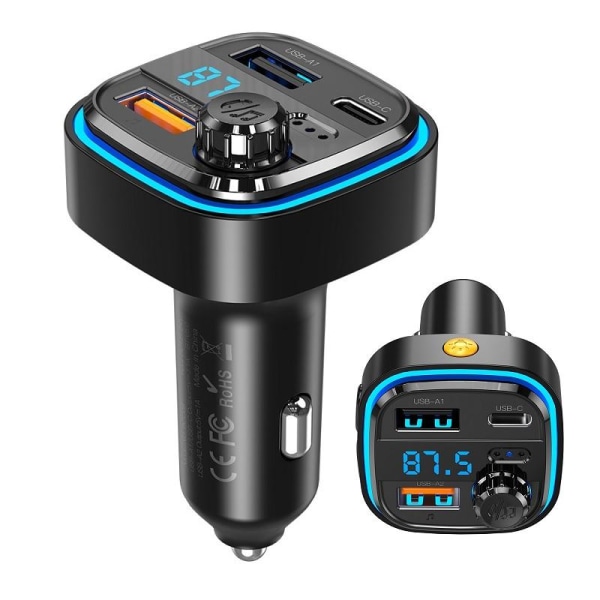 Bluetooth FM Sändare Billaddare med 1 X USBC, 2XUSB-laddning Svart