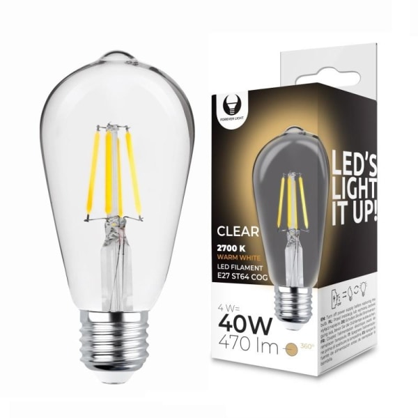 2 kpl Forever Clear LED-lamppu hehkulangalla, E27 4W 2700K 470lm Transparent