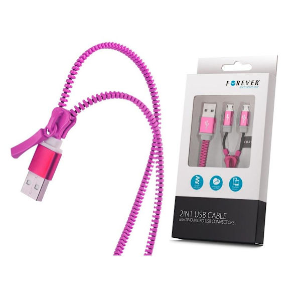 Forever ZIPPER 2IN1 MicroUSB Data SYNC -kaapeli 2X MicroUSB:llä Pink