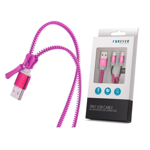 Forever ZIPPER 2IN1 MicroUSB Data SYNC Kabel med 2X MicroUSB Pink