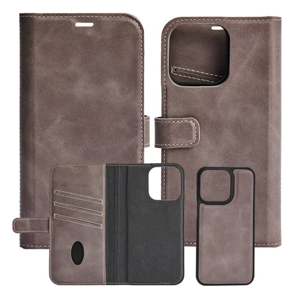 iPhone 13 Pro - Essentials Äkta läder 2-i-1 Löstagbart Plånboksfodral Grå Grey