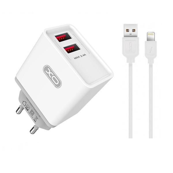 iPhone 2.4 Amp Snabbladdning 2xUSB Väggadapter + Lightning Kabel Vit