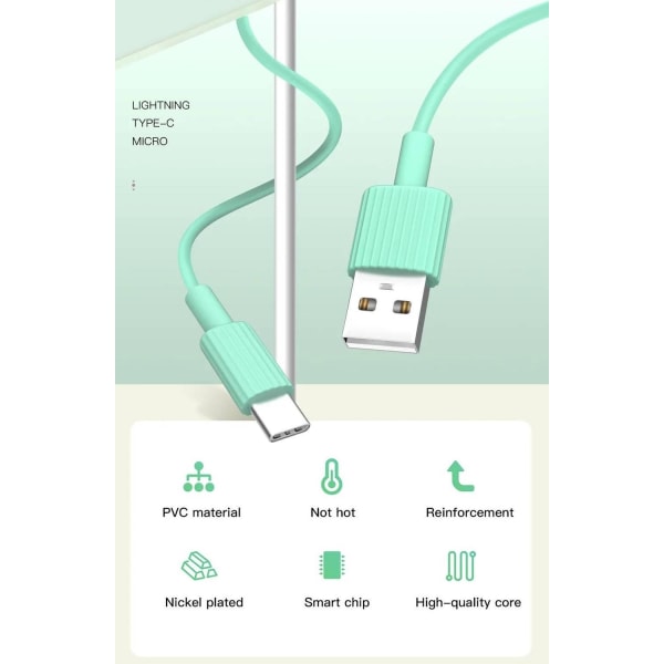 2-PACK USB-C Snabbladdning 2.4A kabel för Samsung, Android -1m multifärg