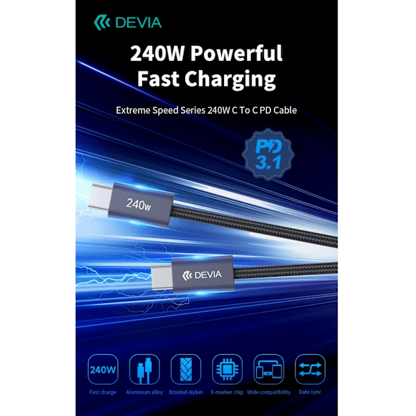 240W Devia Extreme Snabbladdning USB-C till USB-C-kabel – 2m Svart