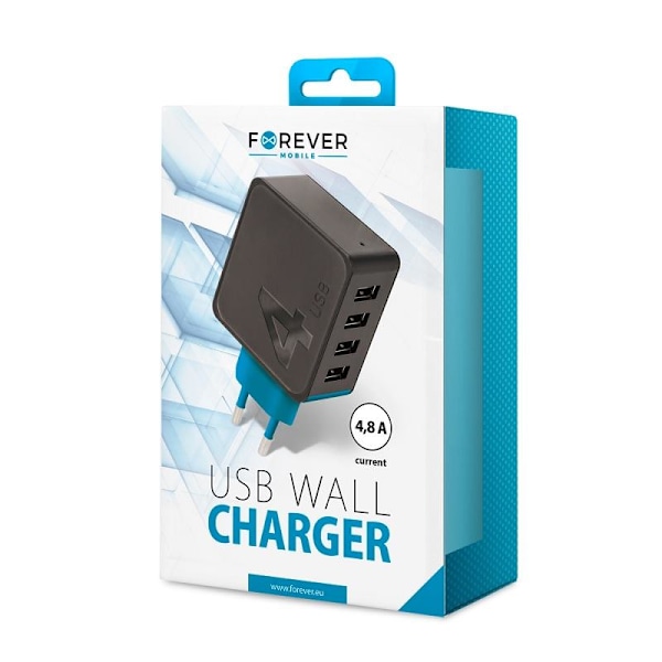 iPhone, Samsung 4.8 Amp Snabbladdning 4xUSB Väggladdare Sort, Blå