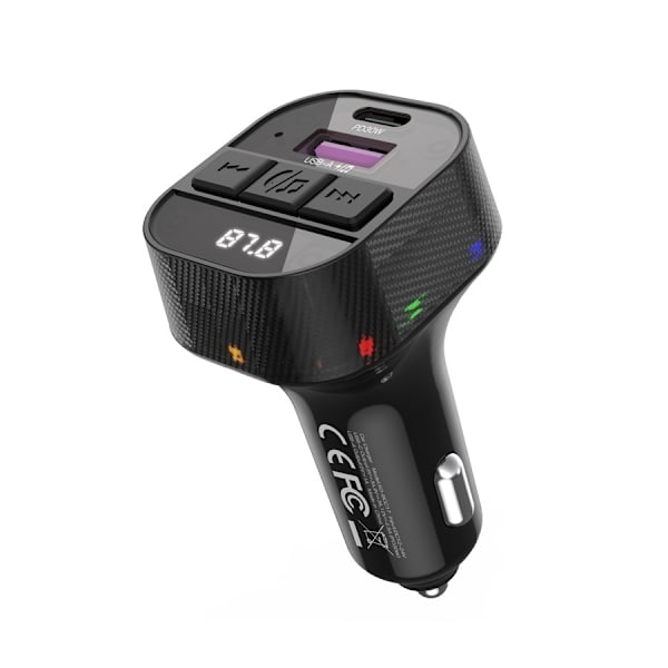 Bluetooth FM Sändare 30W Snabbbilladdare med 1 X USBC, 2XUSB-laddning Svart