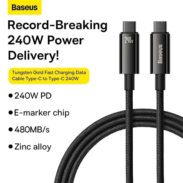 240W Snabbladdning Baseus Tungsten USB-C till USB-C-kabel – 3m Svart
