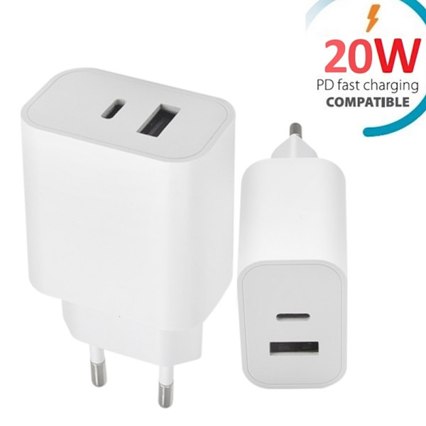 Snabbladdare för iPhone / Samsung PD, QC 20W Dual Port USB-C White