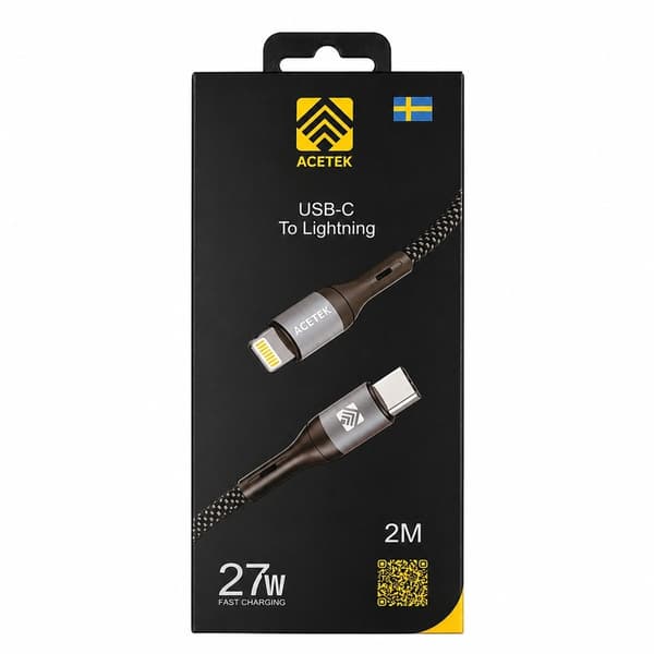 Acetek 2m USB-C till Lightning Snabbladdning Kabel – Nylon 27W för iPhone, iPad grå