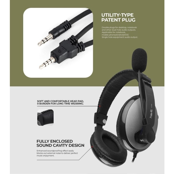 HAVIT Stereoljud 40mm Wired Hörlurar med mikrofon - Svart Stonegrey