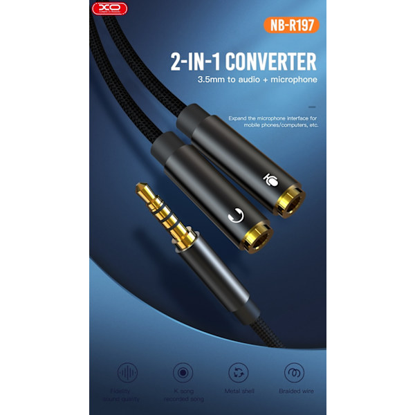2-i-1 ljudomvandlare, 3,5 mm till ljud + mikrofon, Audio Convertor Svart