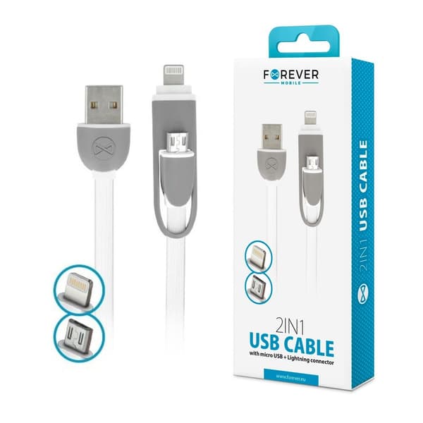 2in1 MicroUSB + Lightning iPhone kabel för iPhone / iPad White