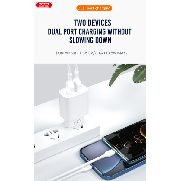 iPhone, Samsung Snabbladdning 2xUSB Väggladdare XO CE02C - Vit White