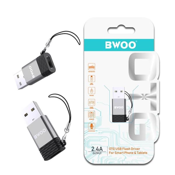 BWOO USB-C till USB-A OTG Adapter Snabbladdning & Dataöverföring grå