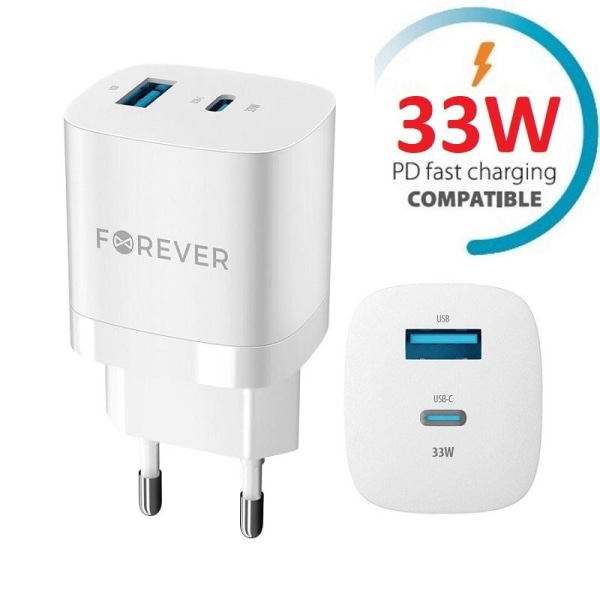 Snabbladdare för iPhone / Samsung 33W PD USB-C, USB för Väggladdare Vit