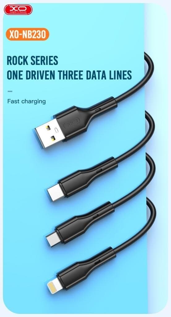 3-i-1 USB Laddkabel 1m 3A – Lightning, USB-C & Micro USB | XO NB230 Svart