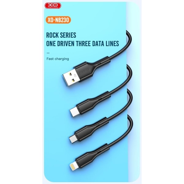 3i1 snabb USB till Lightning + USB-C + microUSB-kabel, 1,0m 2,4A Black