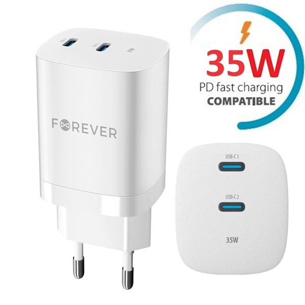 Snabbladdare för iPhone / Samsung QC 35W PD 2XUSB-C Väggladdare White