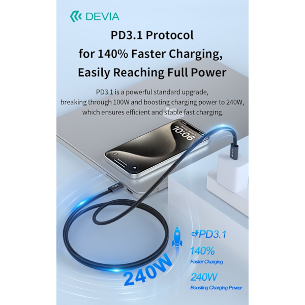 240W Devia Extreme Snabbladdning USB-C till USB-C-kabel – 2m Svart