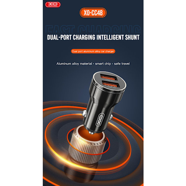Universal Billaddare Snabbladdning Dual USB 2,4A iPhone/Android Svart